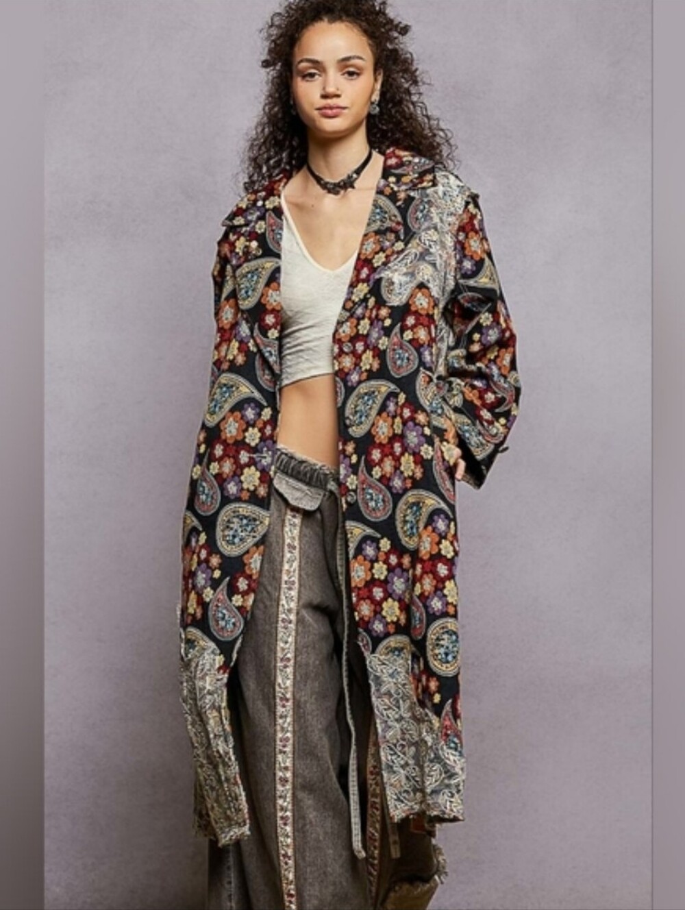 POL Steampunk Paisley Lace Oversized Long Maxi Trench Coat, Sz L, NWT